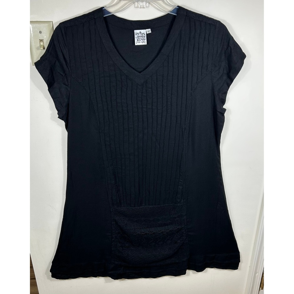Parsley & Sage Pintuck Lace Tunic Dress Womens L Black Cotton Boho LBD Artsy